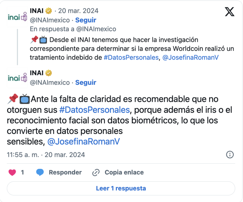 El INAI tiene meses investigando a Worldcoin en México, como lo ha escrito en X.